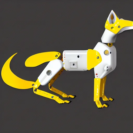 Image similar to a mechanical fox android, hydraulic joints, yellow and white construct, stylised, digital art