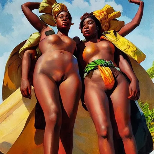 Image similar to : Zulu goddesses holding hands, fanart + digital art + art by J.C. LEYENDECKER + 4K UHD IMAGE + STUNNING QUALITY