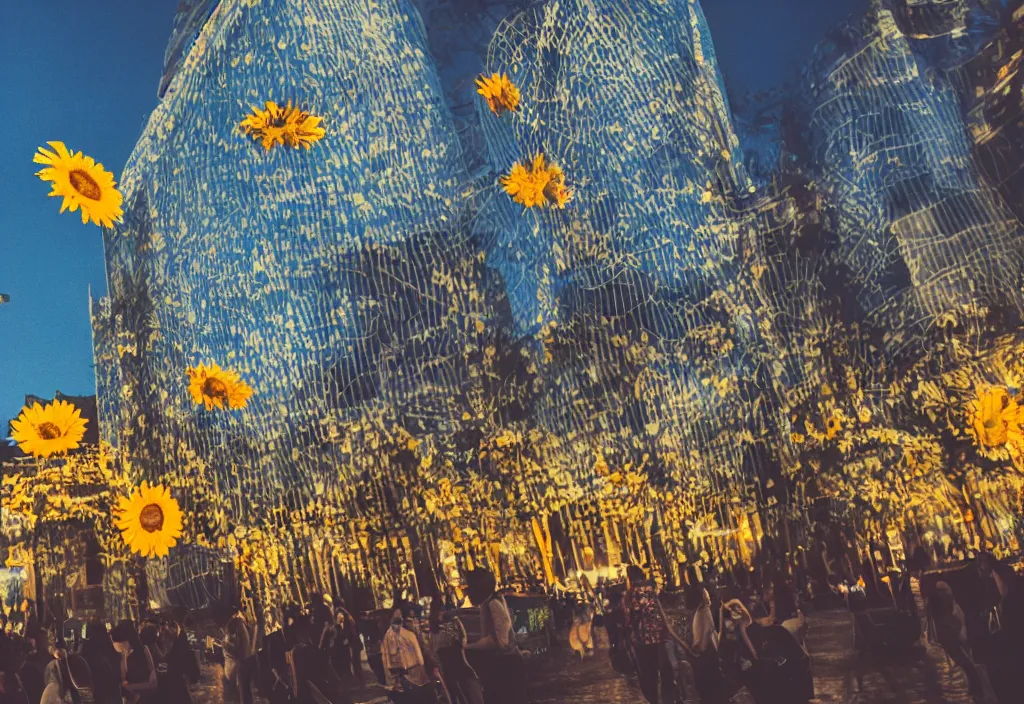 Image similar to 3 d 🌻 popping out of curved screen, town square, volumetric lighting, bokeh, shot on 7 0 mm, instax