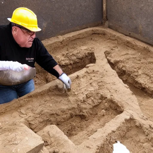 Prompt: photo of archaeologists unearthing a gold statue of danny devito