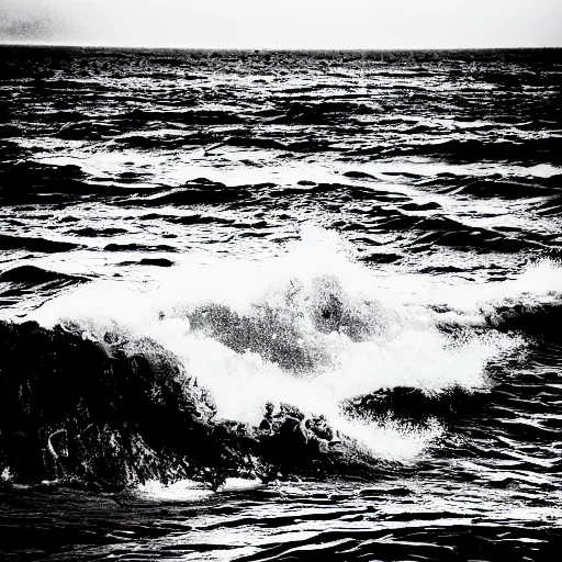 Image similar to black and white photo of an impossible eldritch horror emerging from the ocean.