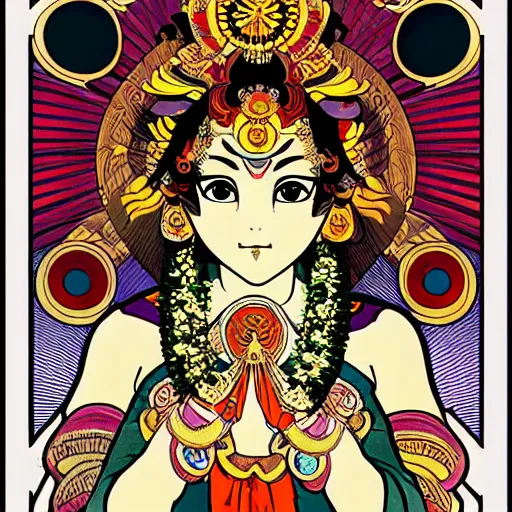 Image similar to anime manga style kathakali illustration style by Alphonse Mucha and Takashi Murakami pop art nouveau