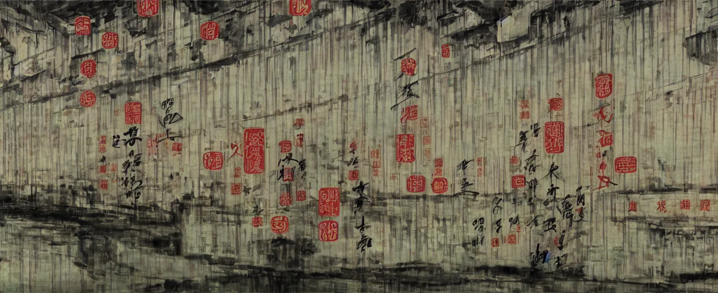 Image similar to a chinese prison near a river by peter doig, 4 k, muted colors, overlaid with chinese adverts