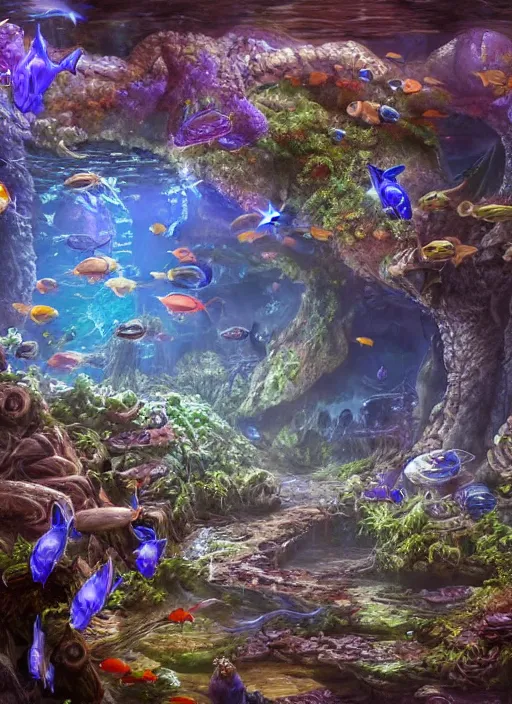 Prompt: people observing lots of beautiful fish in an underground aquarium corridor, in the style of james mccarthy, fantasy art, ray tracing, water droplets, highly detailed, artstation trend, highly detailed and intricate, sharp focus, photography, unreal engine 5