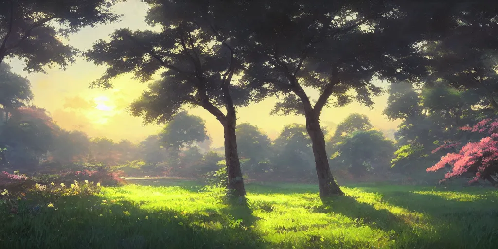 Image similar to an extraordinarily beautiful oil painting of a landscape in spring during sunrise ; lush vegetation ; the most beautiful painting in the world ; by makoto shinkai