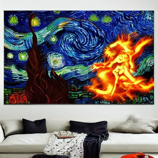 Prompt: charizard spitting fire, the background is the starry nights by van gogh, oil - on - canvas painting, hdr, 4 k