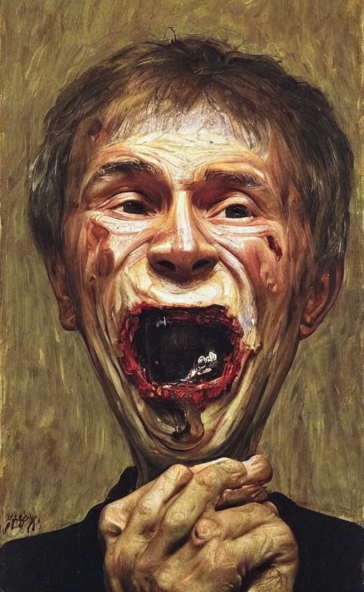 Prompt: Putin devouring used diapers covered in brown substance, Putin portrait, brown liquid dripping down mouth, face of fear, ugly body painted by Lucian Freud, Ilya Repin