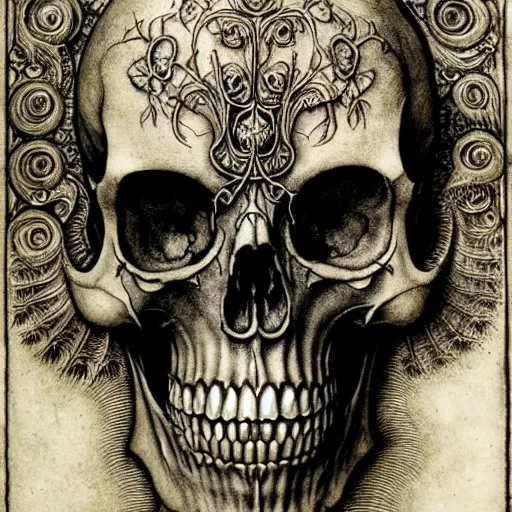 Image similar to memento mori by arthur rackham, detailed, art nouveau, gothic, ornately carved beautiful skull dominant, intricately carved antique bone, art nouveau botanicals, ornamental bone carvings, art forms of nature by ernst haeckel, horizontal symmetry, arthur rackham, ernst haeckel