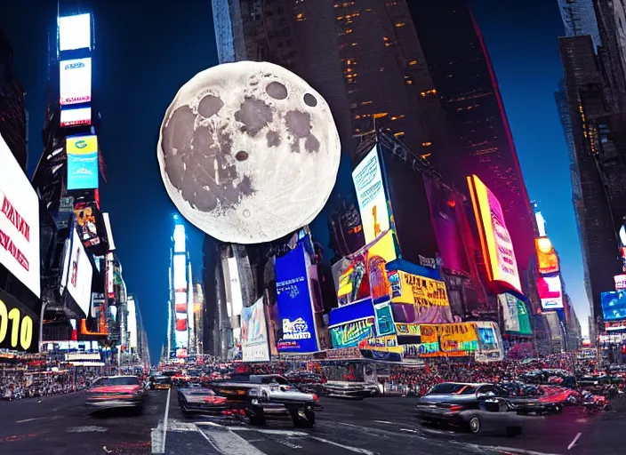 Image similar to film still of the moon shattering into pieces over time square in the new disaster movie, 8 k, night time