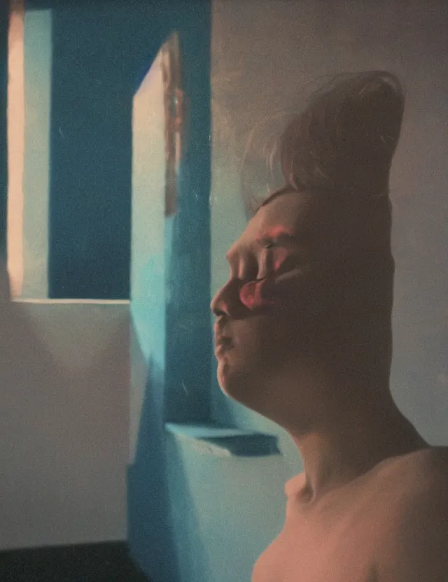 Image similar to boy in dark room praying on kness, blue rays from tv, redshift, colour shift, wide shot, coloured polaroid photograph, pastel, kodak film, hyper real, stunning moody cinematography, by maripol, fallen angels by wong kar - wai, style of suspiria and neon demon, david hockney, detailed, oil on canvas