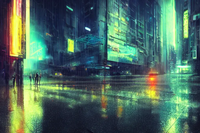 Image similar to futuristic city slow exposure, rain like a dream, oil painting, cinematic, surreal, dramatic, otherworldly, dreamlike, soft volumetric lighting, cyberpunk, basquiat + moebius + francis bacon + gustav klimt + beeple, elevated street art, fantasy lut, textural,