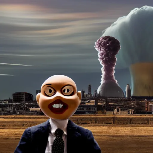 Image similar to evil toy puppet sitting in the middle of abandoned london with nuclear explosion on the background