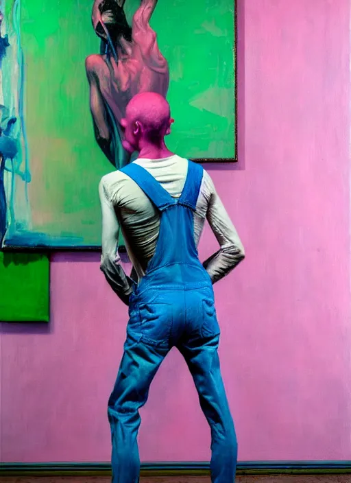 Prompt: an insane, skinny, artist wearing overalls, expressive painting the walls inside a grand messy studio, depth of field, hauntingly surreal, highly detailed painting by francis bacon, edward hopper, adrian ghenie, glenn brown, and james jean, soft light 4 k in pink, green and blue colour palette, cinematic composition,