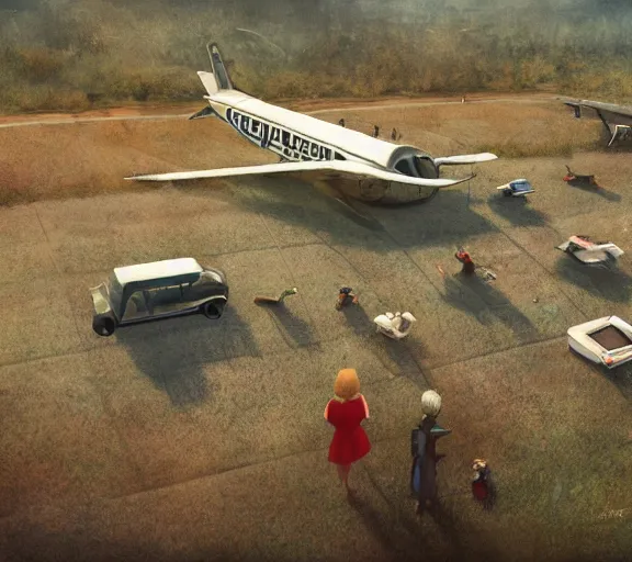 Image similar to photo from a drone, people near the plane at the airfield, painting by craig mullins, octane rendering, soft morning lighting, wide angle lens, in the style of hayao miyazaki, trending on artstation,