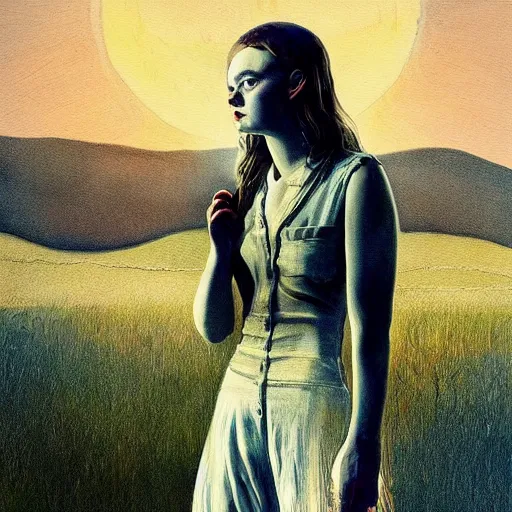 Image similar to Elle Fanning in the painted world of True Detective, head and shoulders masterpiece, apocalypse, golden hour, cosmic horror, artstation, in the style of Andrew Wyeth and Edward Hopper and Bosch, extremely detailed