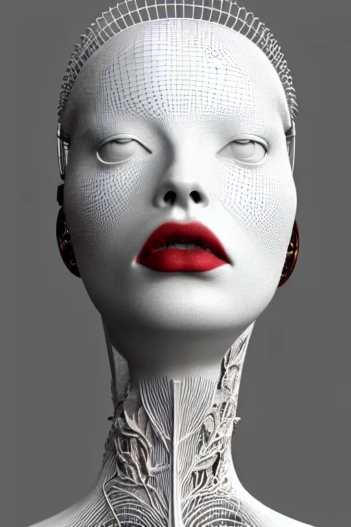 Prompt: complex 3d render ultra detailed of a beautiful porcelain profile weeknd face, biomechanical cyborg, analog, 150 mm lens, beautiful natural soft rim light, big leaves and stems, roots, fine foliage lace, silver red white details, massai warrior, Alexander Mcqueen high fashion haute couture, pearl earring, art nouveau fashion embroidered, steampunk, intricate details, mesh wire, mandelbrot fractal, anatomical, facial muscles, cable wires, microchip, elegant, hyper realistic, ultra detailed, octane render, H.R. Giger style, volumetric lighting, 8k post-production