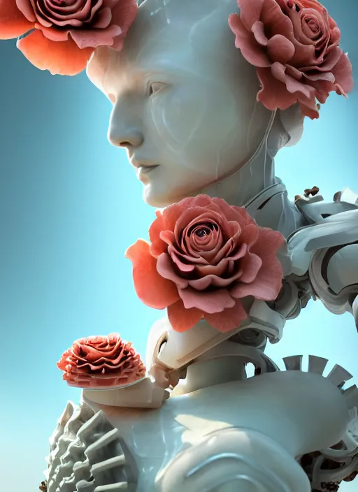 Prompt: biomechanical corals, daisies, roses in sea foam water, well contoured smooth fair walls with marble statue, carrying a bottle of perfume, up close shot, sharp focus, global illumination, radiant light, alexandre ferra white mecha, irakli nadar, octane highly render, 4 k, ultra hd,