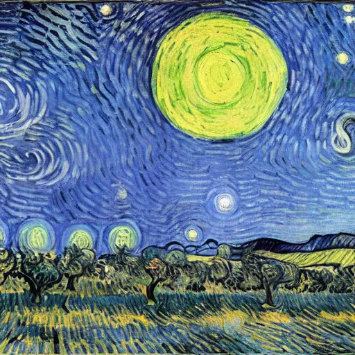 Prompt: A post-Impressionist oil painting of a night sky roiling with chromatic blue swirls, a glowing yellow crescent moon, and stars rendered as radiating orbs, over a village. A large stylized cypress tree is in the left foreground. By Vincent van Gogh, 1889.
