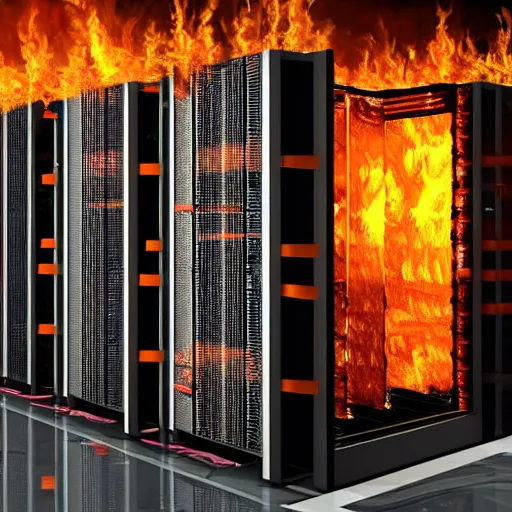 Prompt: a painting of data center server rack that's caught fire!!!!!!!, fire on data center