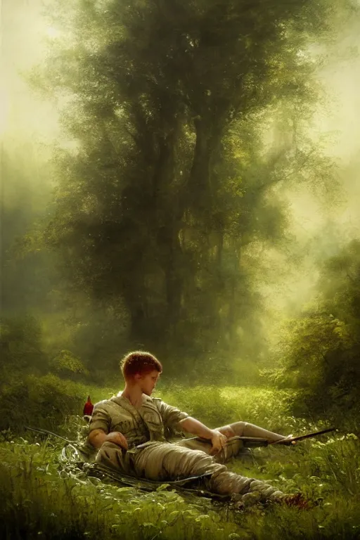 Prompt: breathtaking detailed soft painting of silver sun river in a green clearing, a young soldier laying down with blood holes in his side, light raining on gladioli and watercress, rembrandt style, elegant, highly detailed, artstation, concept art, matte, sharp focus, art by tom bagshaw, and greg rutkowski