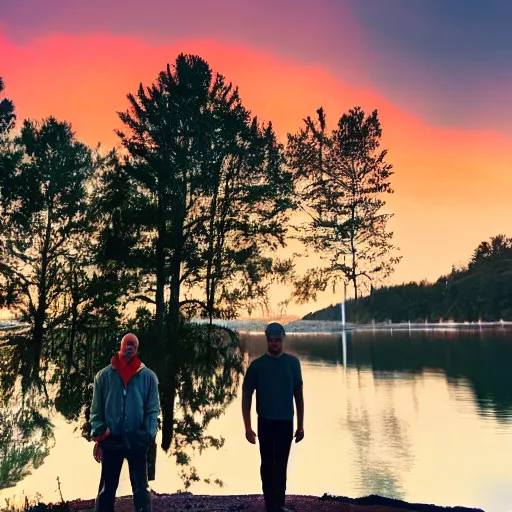 Image similar to two men standing next to a lake at dusk, both holding an orange