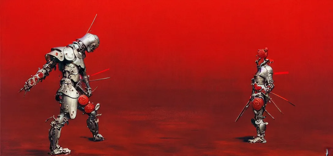 Image similar to only with red, a white samurai cyborg, tokio, a lot of swords, in the style of beksinski, parts by edward hopper, parts by rodcenko, parts by yue minjun, intricate and epic composition, red by caravaggio, insanely quality, highly detailed, masterpiece, red light, artstation, 4 k