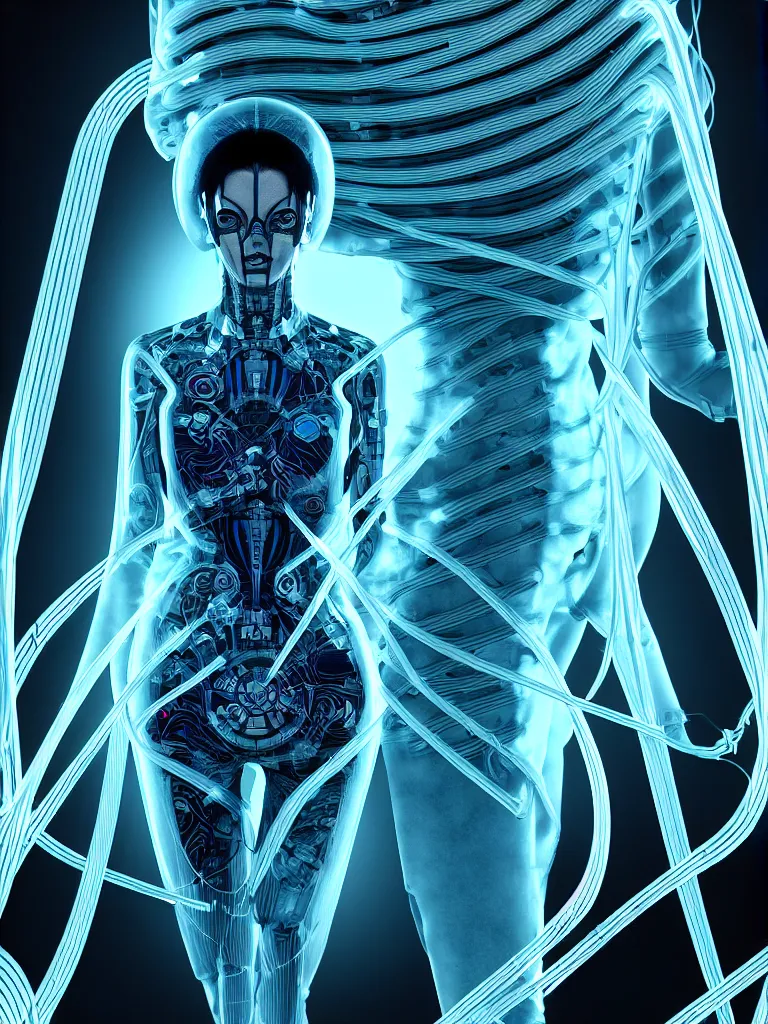 Prompt: x - ray bioscans of a new transhumanist ai race, style mix of æon flux, shepard fairey, hideo kojima, mobius, botticelli, pre - raphaelite, bizarre quantum physics, dramatic atmosphere, wires, ultra detail, 4 k photorealistic,