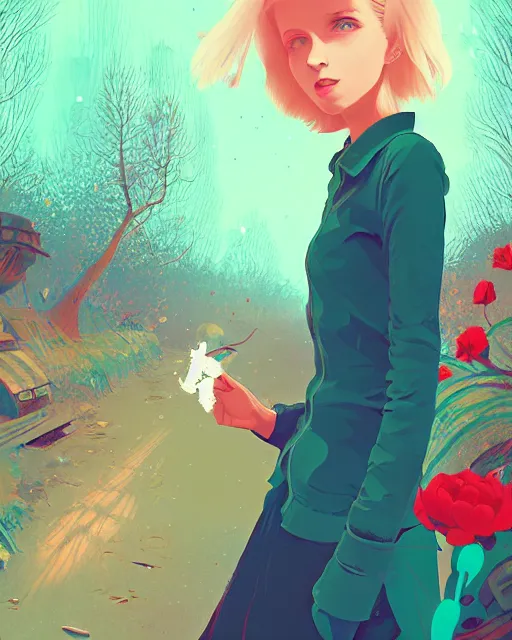 Image similar to digital illustration of pretty girl with short blonde hair hair, from alice in wonderland, smoking, in a wonderland forest, in junkyard at night, by ilya kuvshinov, lois van baarle, rossdraws, basquiat