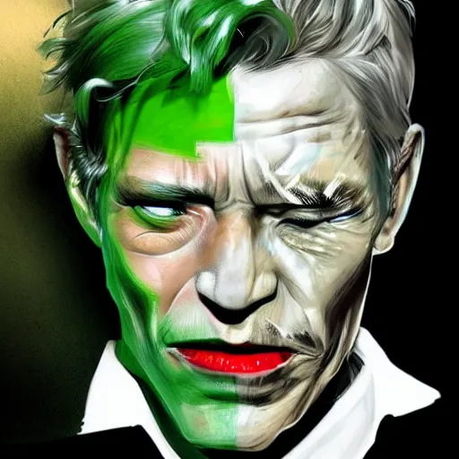 Image similar to peter otoole, green hair, white face, red lips, portrait, realistic, concept art, lee bermejo