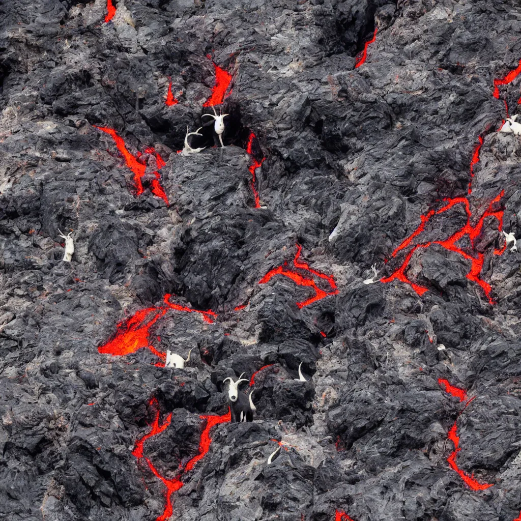 Image similar to satanic mountain goats with glowing red eyes on a sheer obsidian cliffside with lavaflow, lava waterfalls