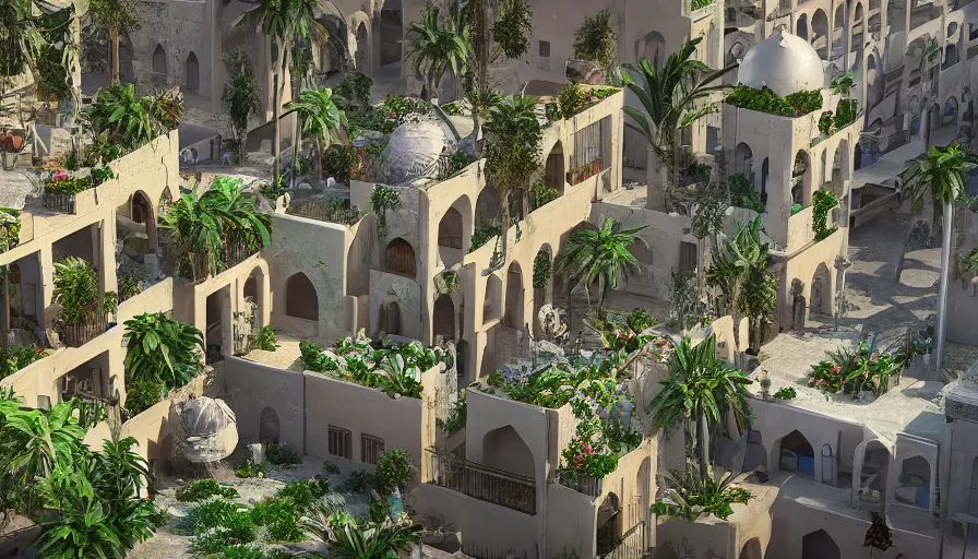 Image similar to arabic city with rooftop gardens, flowers, palms, artstation