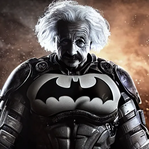 Image similar to 'Albert Einstein'! as Batman in Gears of War, splash art, movie still, detailed face, cinematic lighting, color, dramatic, octane render, long lens, shallow depth of field, bokeh, anamorphic lens flare, 8k, hyper detailed, 35mm film grain