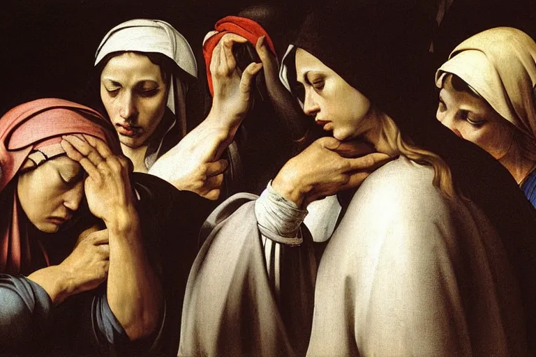 Image similar to 3 women mourning at the tomb of christ, caravaggio, rubens