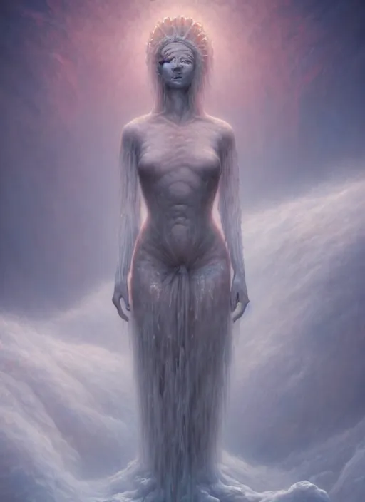 Image similar to a human made of ice, in the style of tomasz alen kopera and fenghua zhong and peter mohrbacher, mystical colors, rim light, beautiful lighting, 8 k, stunning scene, raytracing, octane, trending on artstation