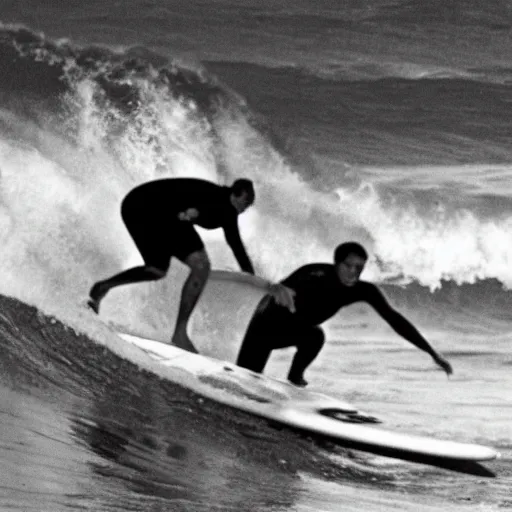 Image similar to An old photo of Hitler surfing at the Hawaii, 1930, black and White, High quality