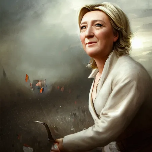 Prompt: Portrait of Marine le Pen , french revolution, amazing splashscreen artwork, splash art, head slightly tilted, natural light, elegant, intricate, fantasy, atmospheric lighting, cinematic, matte painting, by Greg rutkowski