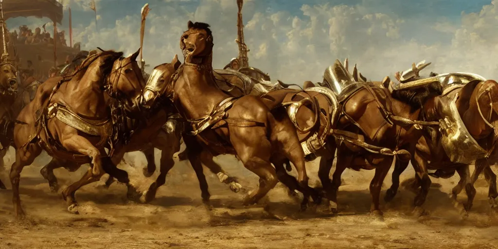 Image similar to a film still from the chariot race in'ben hur'in the style of jean - paul laurens, alexander cabanel, hippolyte flandrin, oil on canvas, 4 k resolution