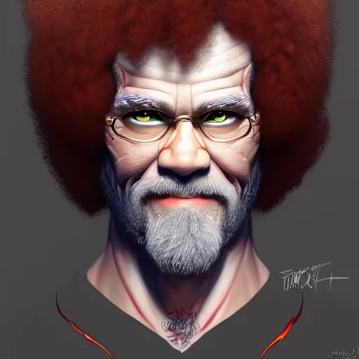 Prompt: Portrait of an evil looking Bob Ross, hairs of red flames, fantasy, D&D, intricate, highly detailed, digital painting, trending on artstation, sharp focus, illustration, style of Stanley Artgerm