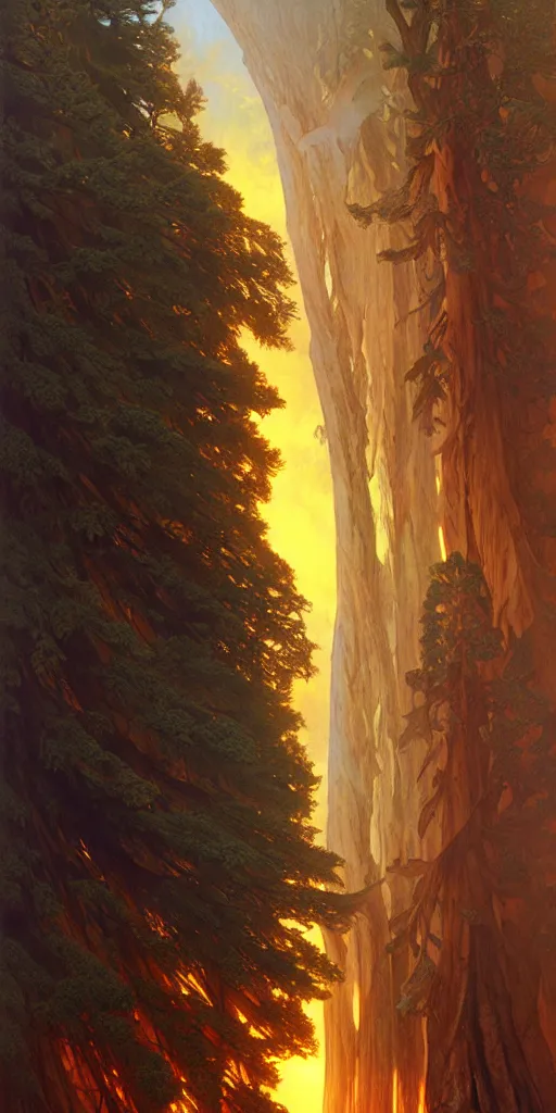 Prompt: detailed ancient sequoia tornado, backlit, sunset, refracted lighting, art by collier, albert aublet, krenz cushart, artem demura, alphonse mucha