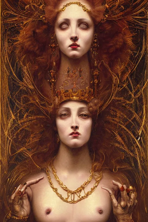 Image similar to hyper realistic painting portrait of madness queen, occult diagram, elaborate details, detailed face, intrincate ornaments, gold decoration, occult art, oil painting, art noveau, in the style of roberto ferri, gustav moreau, jean delville, bussiere, andrew gonzalez