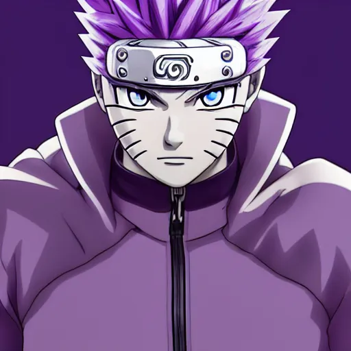 Image similar to close up of a naruto in smooth purple ninja uniform, blue spiked hair, muscular, intense, dramatic pose body of an ultrafine hyperdetailed illustration by mike campau, kim jung gi, irakli nadar, intricate linework, sharp focus, bright colors, octopath traveler, final fantasy, unreal engine 5, global illumination, radiant light.