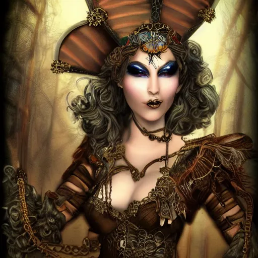 Image similar to curiosities carnival, soft paint of a single beautiful sorceress in a full steampunk armor, symmetry accurate features, focus, very intricate ultrafine details, award winning masterpiece