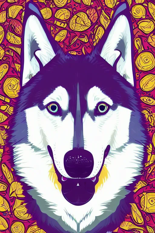 Prompt: A portrait of a hipster husky, sticker, highly detailed, colorful, illustration, smooth and clean vector curves, no jagged lines, vector art, smooth
