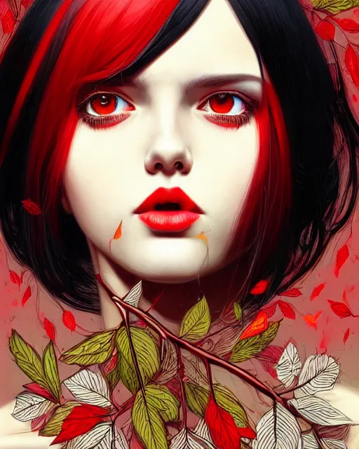 Prompt: highly detailed ugly hippie, black hair, flying leaves on backround, symmetrical, red lips, paint by ilya kuvshinov and anna dittman trending on artstation, intricate details, energetic composition, golden ratio, concept art, illustration, elegant art