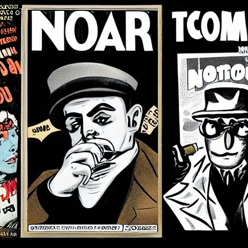 Prompt: noir comic book cover of a tomato with a face wearing a detective hat and smoking a cigarette