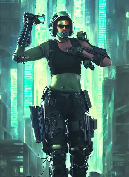 Prompt: Ela. Cyberpunk mercenary in tactical gear infiltrating corporate mainframe. rb6s, (Cyberpunk 2077), blade runner 2049, (matrix) Concept art by James Gurney, Craig Mullins and Alphonso Mucha. painting with Vivid color.