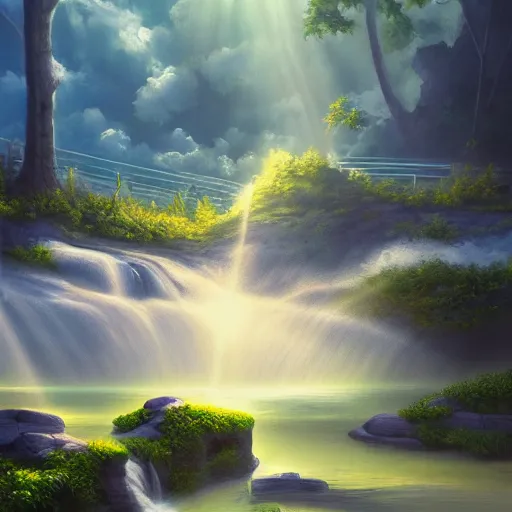 Prompt: Waterfalls flowing down floating islands, mist, crepuscular rays, oil painting, trending on artstation