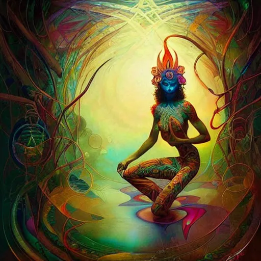 Prompt: psychedelic ayahuasca artwork of esao andrews frank peter mohrbacher, energy body, sacred geometry, esoteric art, divinity, detailed, tarot art