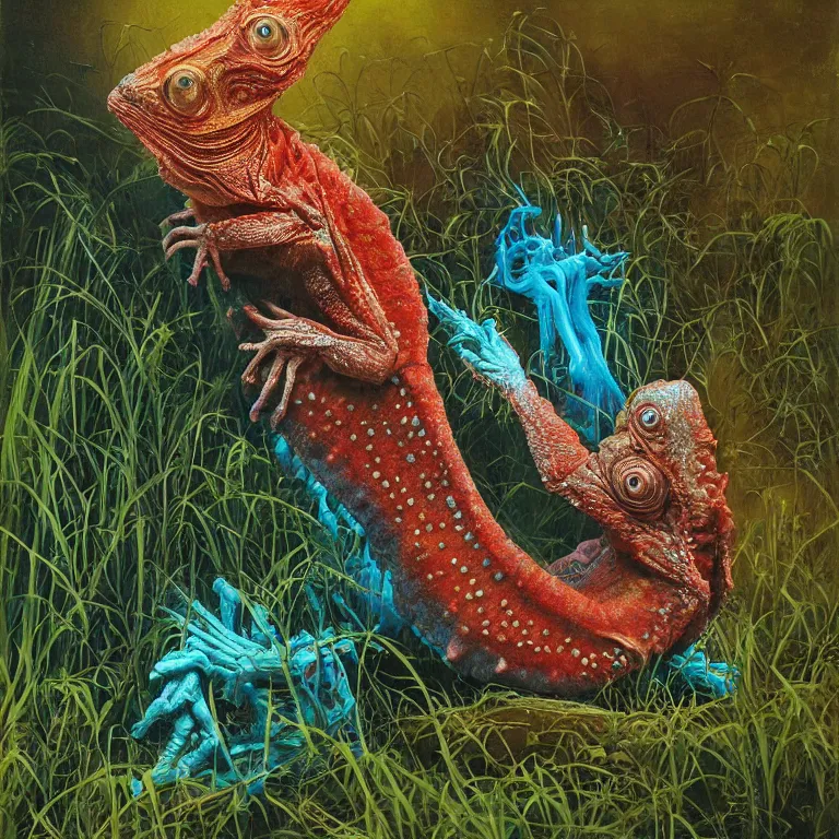 Prompt: Hyperrealistic intensely colored studio Photograph portrait of a deep sea bioluminescent Frilled Lizard Fish sitting in a lawn chair in its back yard, award-winning nature oil painting by Audubon and Zdzisław Beksiński vivid colors high contrast hyperrealism 8k