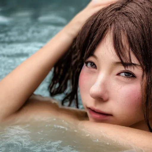 Image similar to photographic portrait by Annie Leibovitz of an anime girl in a hot tub, closeup, foggy, sepia, moody, dream-like, sigma 85mm f/1.4, 15mm, 35mm, 4k, high resolution, 4k, 8k, hd, full color